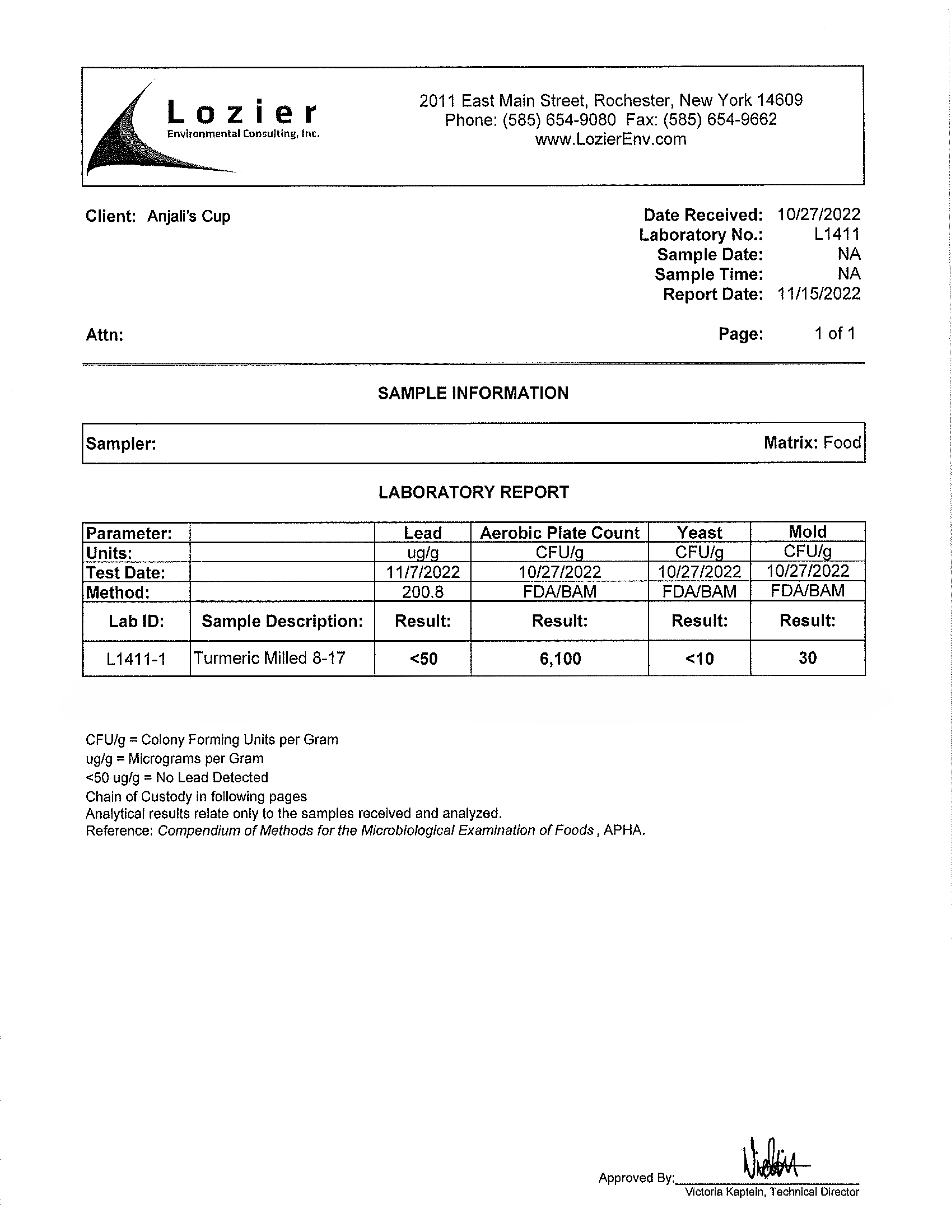Laboratory Report - Sample information - Lead Test -Anjali's Cup