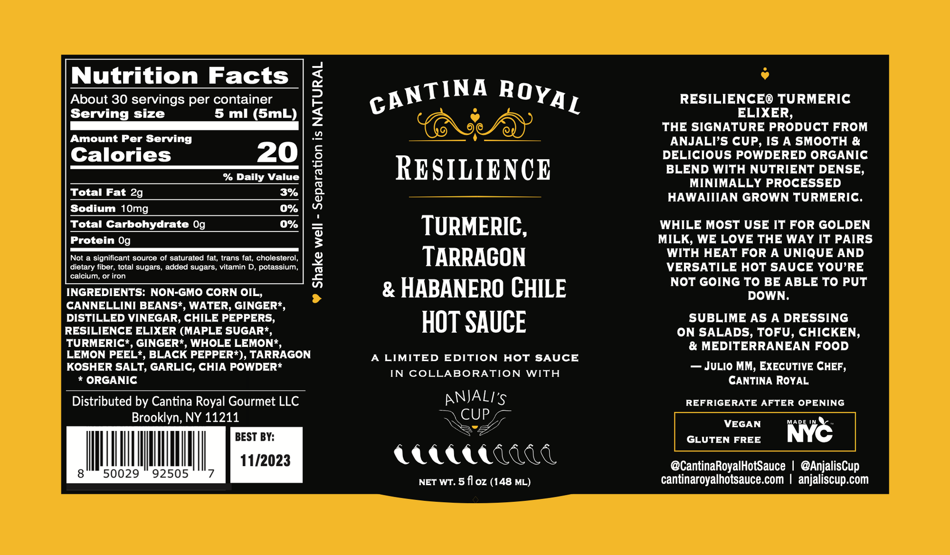 Nutrition Facts - Ingredients use and calories intent. - Cantina royal - with anjali's cup.